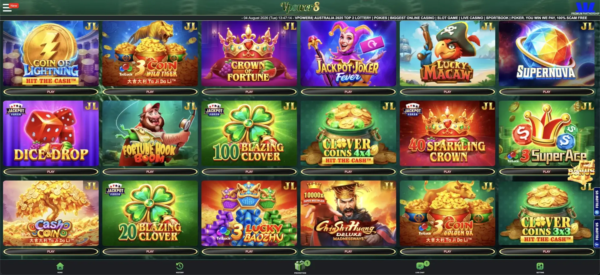 Pokies and software visible on Vpower8 com at Vpower8 casino